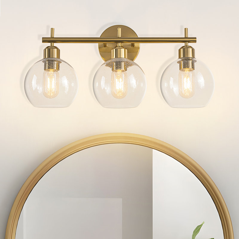 3-light Dimmable Vanity Light With Seeded Glass Globes, Gold