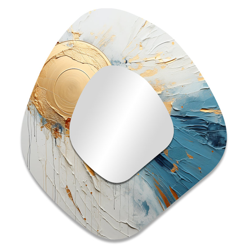 Isidoro or et bleu, peinture cosmique - peinture abstraite de forme irrégulière, miroir mural unique, miroir asymétrique moderne, impression d'art en métal