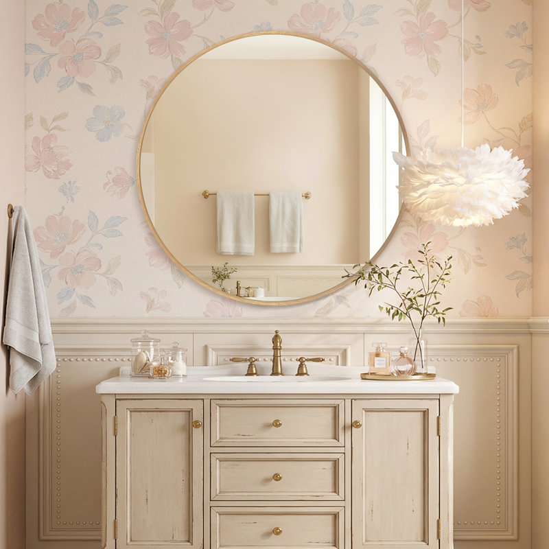 Metal Round Wall Mirror, Gold, 36" x 36"