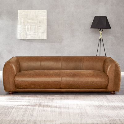 Mila Mid-Century Modern Brown Genuine Leather Sofa