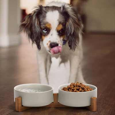 Ceramic Dog And Cat Bowl With Wood Stand Non-Slip Matte Glaze Weighted Food Water Set