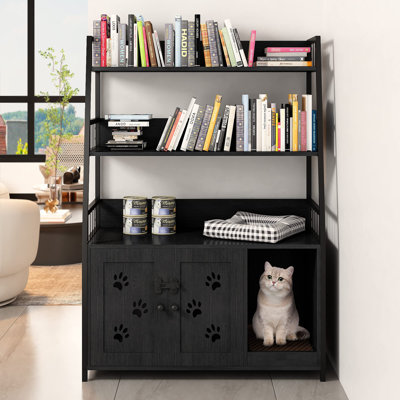 Enceinte de litière multifonctionnelle pour chat - Meuble de rangement caché à 3 niveaux avec tampon à gratter et contrôle des odeurs (grande conception en bois de 35 po)
