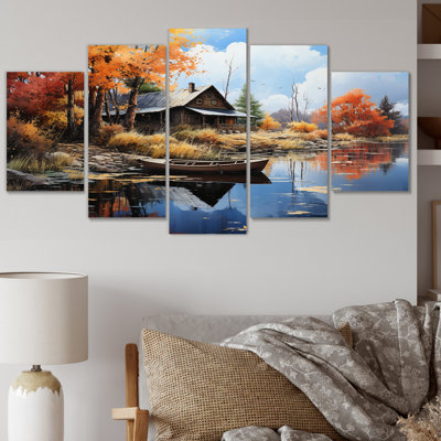 Lakeill's Lakeid Hideaway Pointillism - Lake House Cottage Art mural salon - 5 panneaux