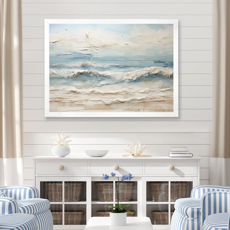 Peinture de plage côtière beige et bleue - Reproductions encadrées de plage côtière, H 12 po x l 20 po, Impression encadrée