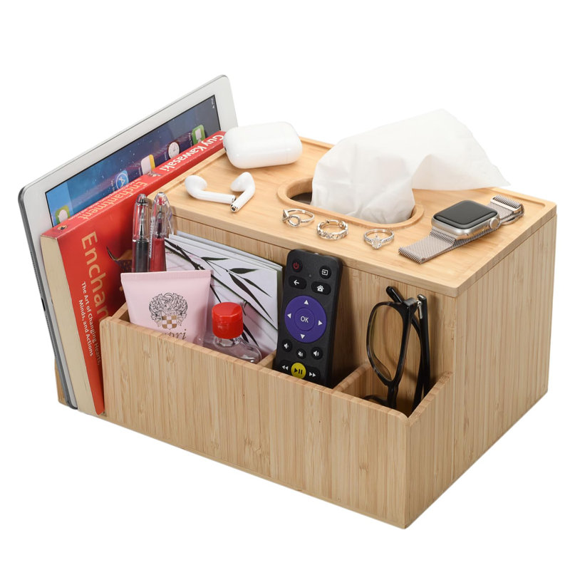 Support de boîte à mouchoirs et support pour tablette pour chambre à coucher et bureau, compartiments pour téléphones IPad, télécommandes, lunettes de lecture, blocs-notes et stylos