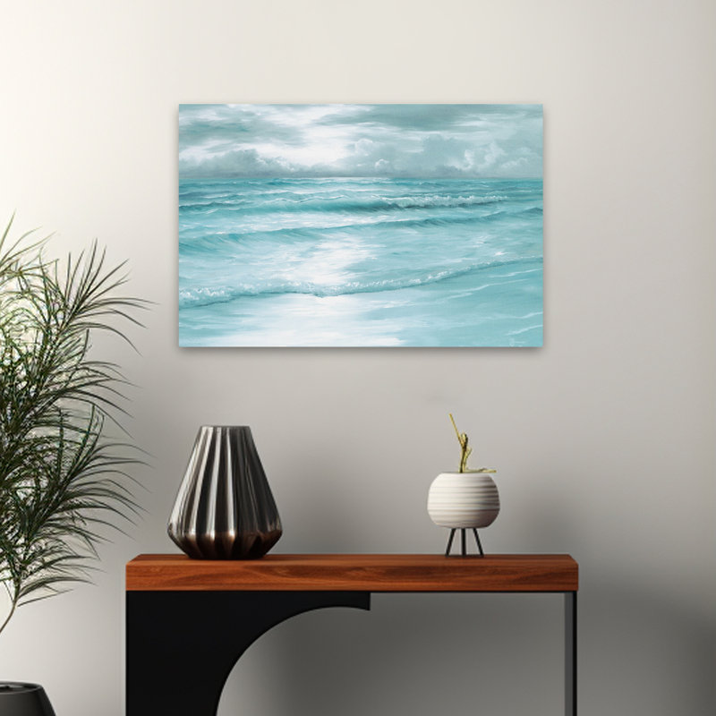 Morning Calm - Coastal Calm Ocean Waves Soft Seafoam Horizon, dessin au trait, H 16 po x l 24 po