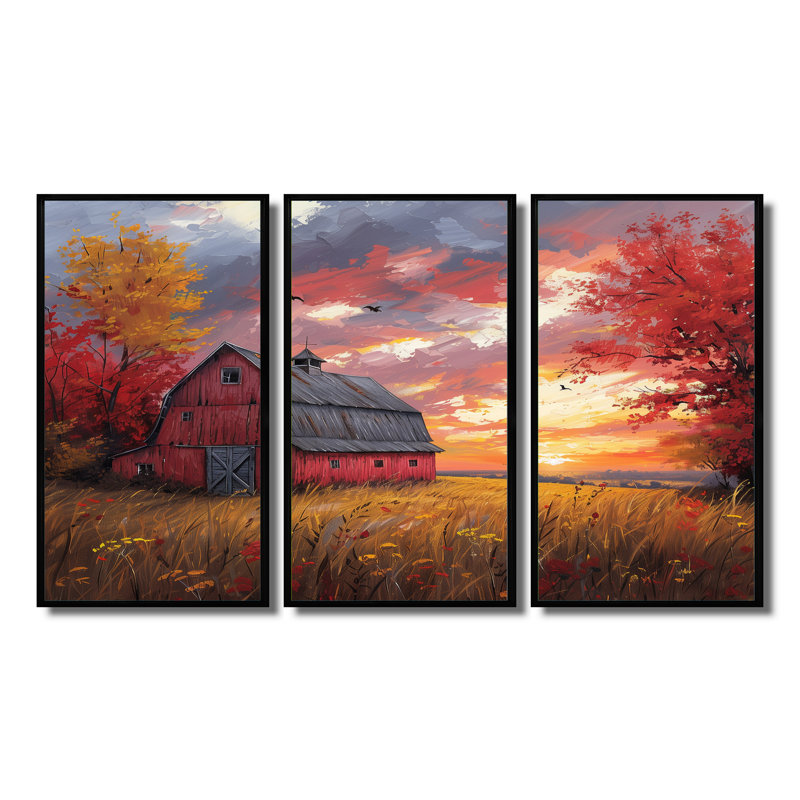 «Autumn Red Barn Breeze II», ensemble de reproductions d'art mural, Cadre flottant noir, H 28 po x l 36 po x P 1 po