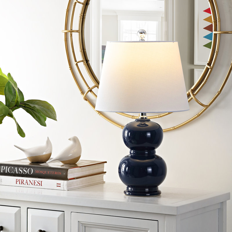 Navy Ceramic Double Gourd Table Lamp with White Shade