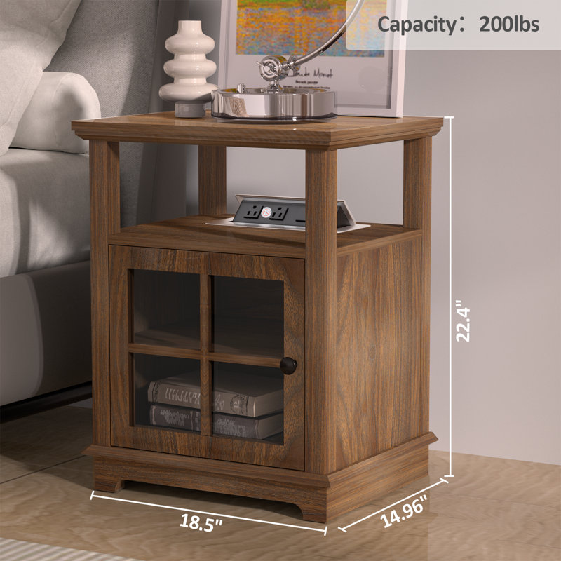Cherelyn 24" Tall End Table with Storage and Built-In Outlets for Living Room, Nightstand for Bedroom, Office, Walnut, Walnut
