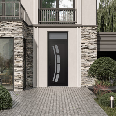 C12 Right-Hand 36 In. X 96 In. Panel Black Steel Black And White Frosted Glass With Transom Frosted Glass Prehung Front Entry Door