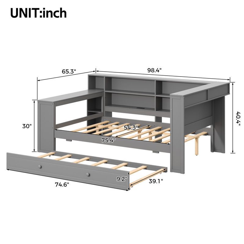 Daybed With Shelves, Trundle, Charging Station, Led, Desk And Upholstered Headboard, Gray, Full