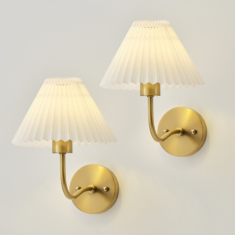 Applique murale 2 lumières Luna avec abat-jour en tissu plissé et doublure en PVC, Gold