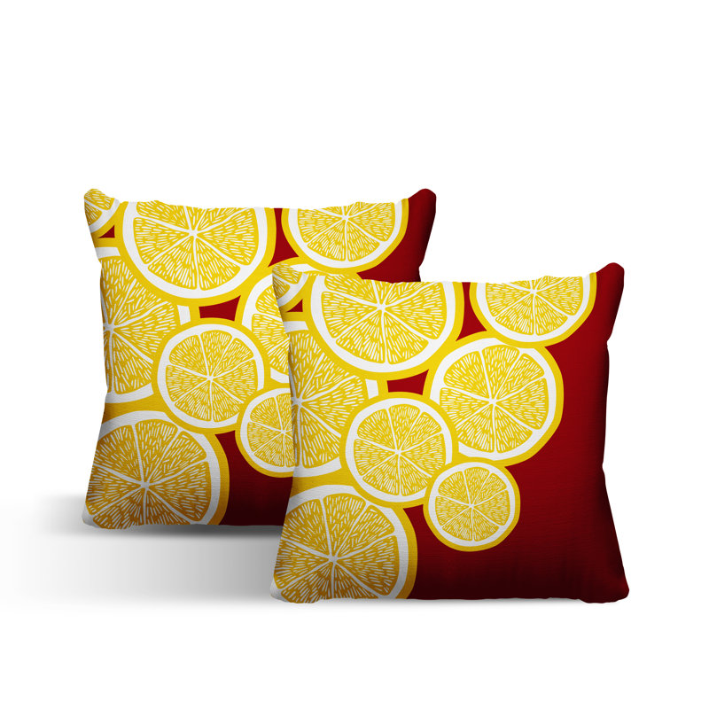 Oreiller carré intérieur / extérieur jaune Lulu, L 19 po x H 19 po, Jaune / rouge