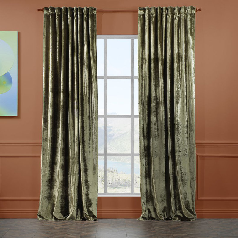 Extra Long & Extra Wide Shiny Velvet Curtain Panel (customized), 280cm Width x 145cm Drop, Olive Green