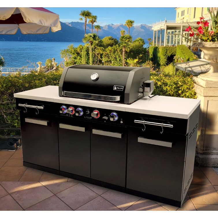 Mont Alpi MA-957 5-Burner 63000 BTU Black Stainless Steel Outdoor Kitchen Bar Gas Island Grill w/ Infrared Rear Burner + Rotisserie Kit + Granite Countertop + Storage Cabinets & Full Weather Cover