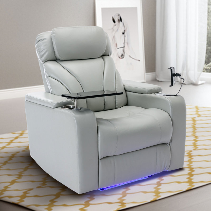 Upholstered Power Reclining Home Theater Seating, Light Gray Leather Match