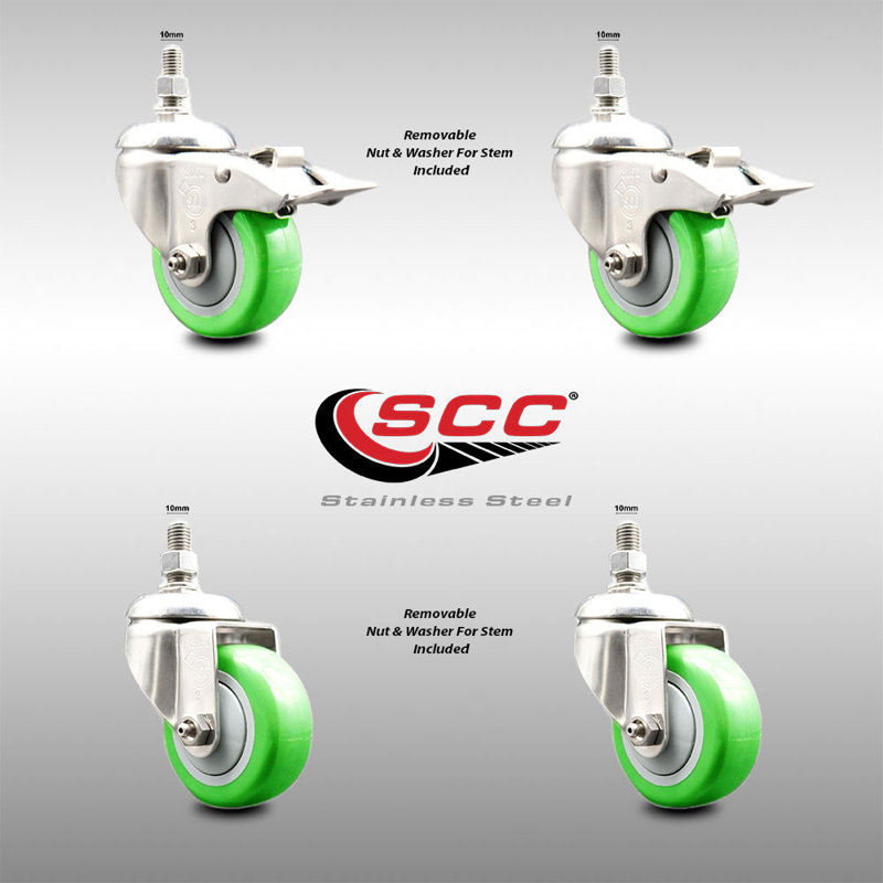 3 Inch 316SS Green Polyurethane 10mm Threaded Stem Caster Set 2 Lock Brake