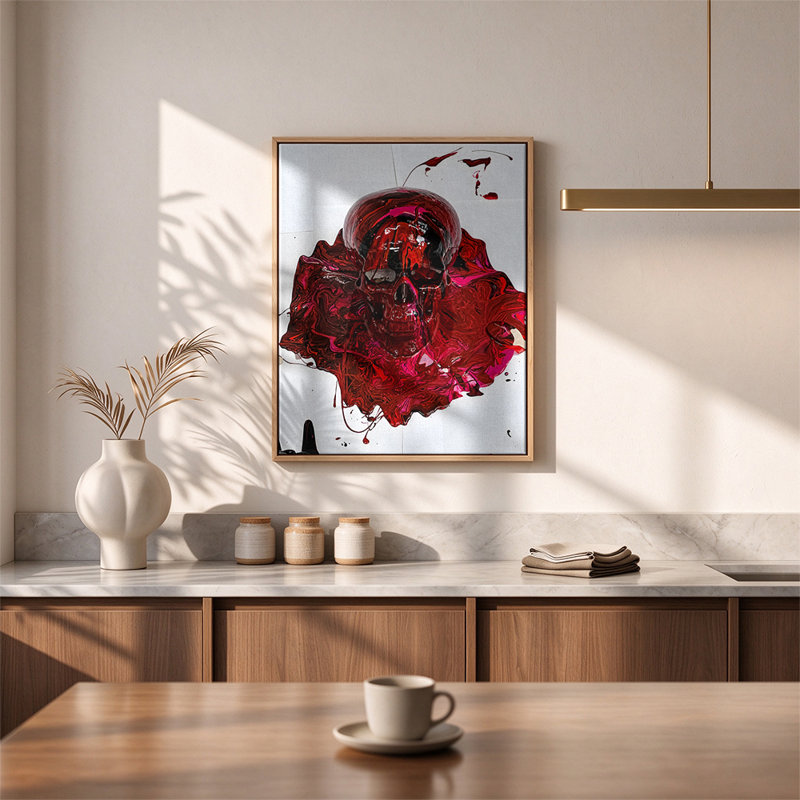 Toile murale abstraite sculpturale de crâne cramoisi, 14"H x 11"W, Cadre en bois naturel