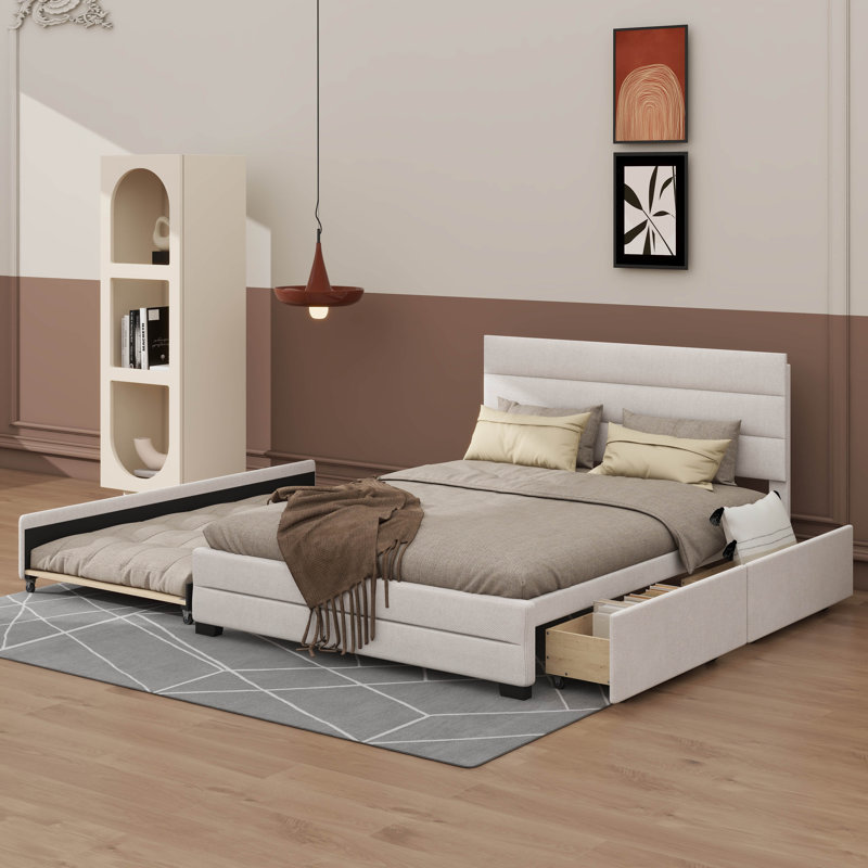 Grand lit plateforme tapissier avec lit gigogne simple et deux tiroirs, Beige