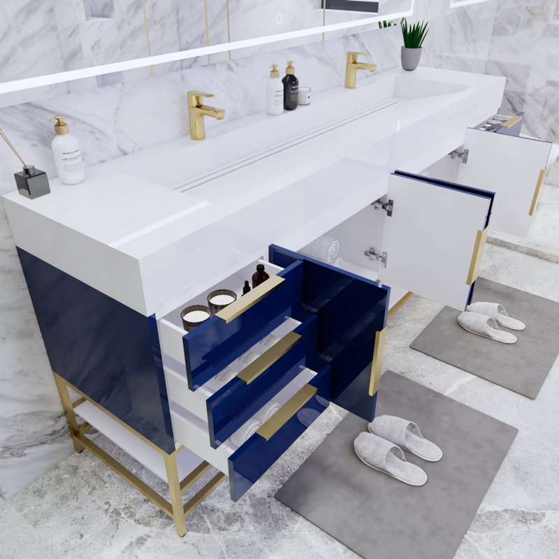 Glasgow 84 " W Freestanding Standard 1 Single Double Vanity Bathroom Vanity With Acrylic Top, High Gloss Night Blue