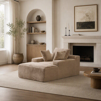 Très grand méridienne surdimensionnée, canapé-lit douillet en velours côtelé moelleux moderne avec 3 coussins décoratifs et accoudoirs larges pour le salon, sans assemblage requis, beige
