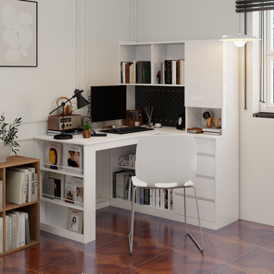 Bureau en L, bureau d'ordinateur avec tiroirs, bibliothèque, avec éclairage à DEL, bureau d'angle moderne, bureau à domicile, bureau d'écriture en L, bureau d'ordinateur de coin avec rangement