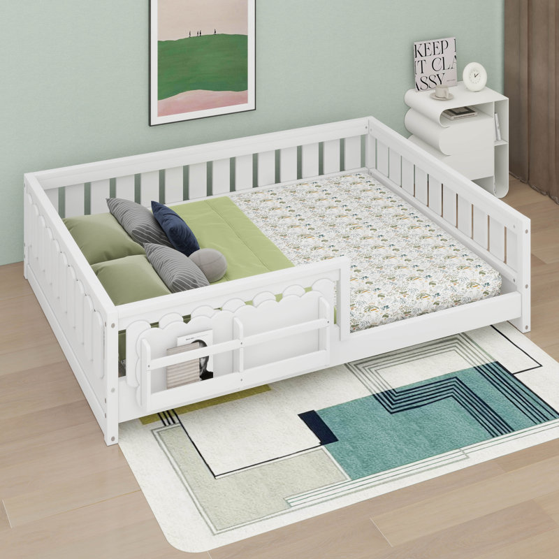 Lit avec étagères de rangement, cadre de lit plateforme en bois avec garde-corps de sécurité, Lit double, Blanc