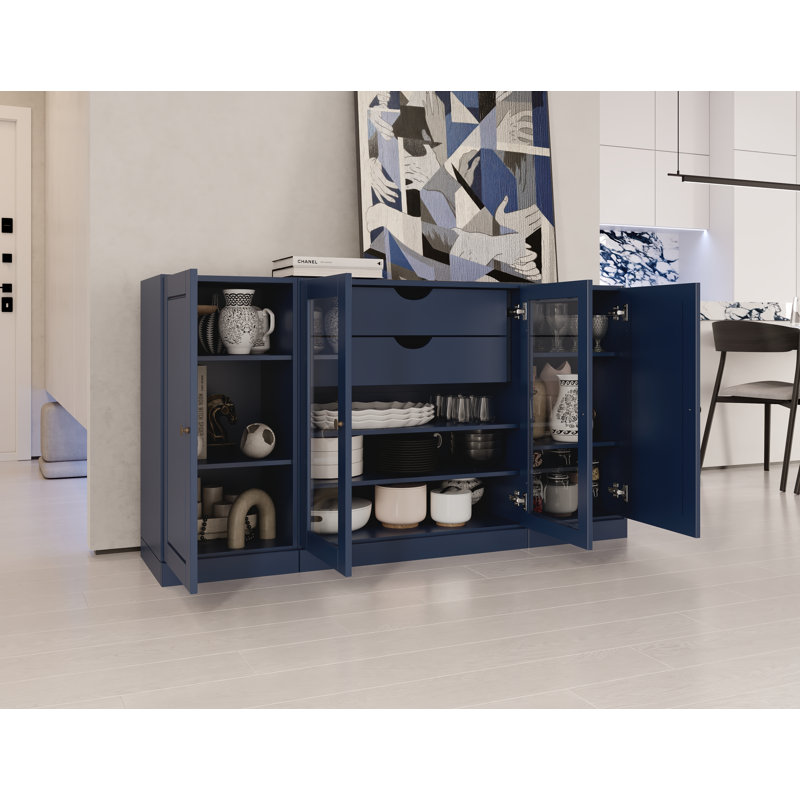Buffet 100% bois massif 65 po avec portes en verre massif et transparent, 2 tiroirs et tablettes réglables, Marine