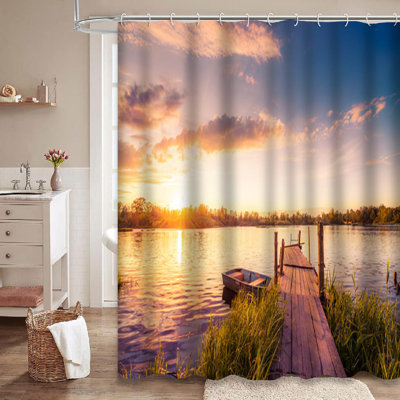 Sunset Lake Village Wooden Bridge Dawn Shower Curtain with 12 Hooks