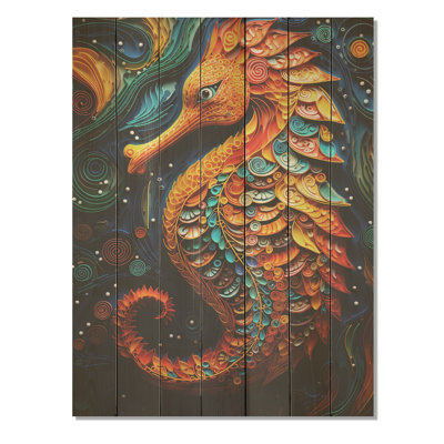 Orange et bleu hippocampe symphonie IV - Hippocampe sur bois