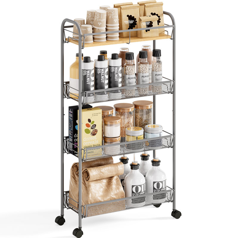 4 Tier Rolling Cart,Metal Cart,Utility Cart with Wheels,Bathroom Cart,Salon Trolley Cart,Kitchen Storage Cart, Gray