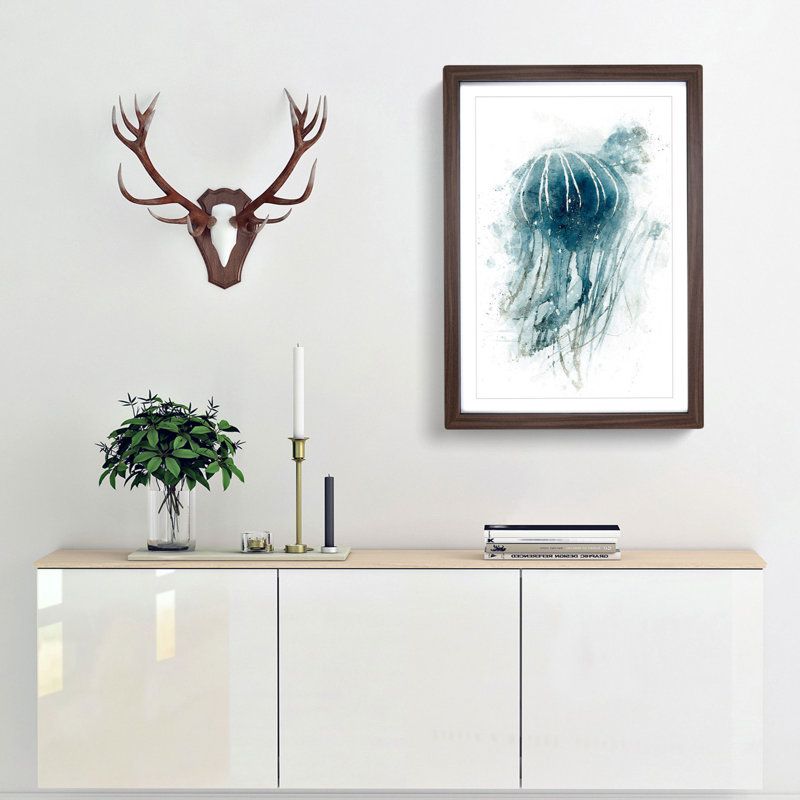 A Blue Jellyfish in Abstract - Framed Print, 63cm H x 45cm W x 2cm D, Walnut Framed