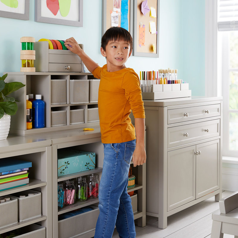 Gray Wooden Kids Double Open Art Storage with Fabric Bins
