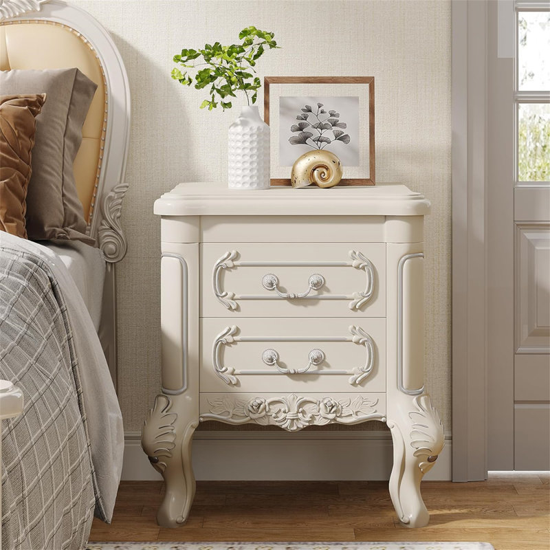 Table de chevet blanche sculptée avec tiroirs - table de bout classique 20 po