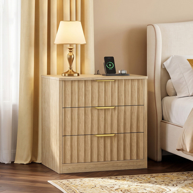 Table de chevet avec 3 tiroirs, station de charge et éclairage DEL pour la chambre à coucher, Naturel, Individuel