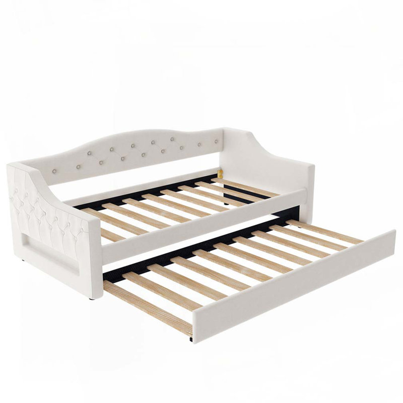 Upholstered Daybed with LED Belt and Trundle, Beige