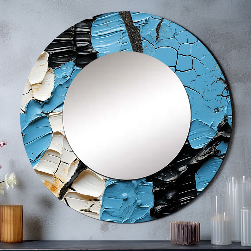 Sapheria noir et bleu peinture Stroke Fight - formes abstraites miroir mural, miroir rond noir, impression d'art en métal