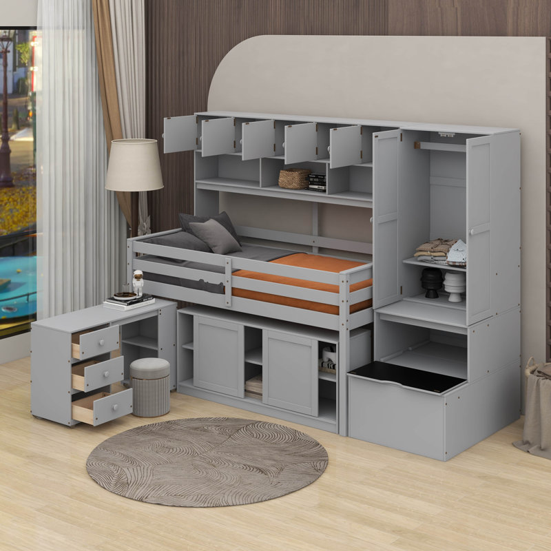 Lit mezzanine simple en bois avec tiroirs et tablettes, Gris
