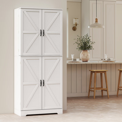 Armoire de cuisine Farmhouse, armoire de 72 po de hauteur avec 4 portes de grange, 4 tablettes réglables et 8 tablettes de porte, blanc