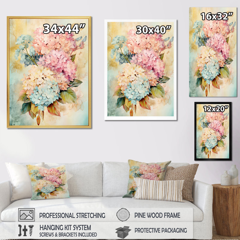 Bouquet d'hortensias rétro en bleu et rose I, 40" H x 30" W, Cadre flottant doré
