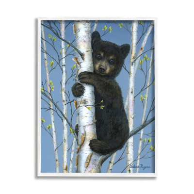 Ourson grimpant sur un bouleau encadré sur bois par Valerie Rogers, peinture