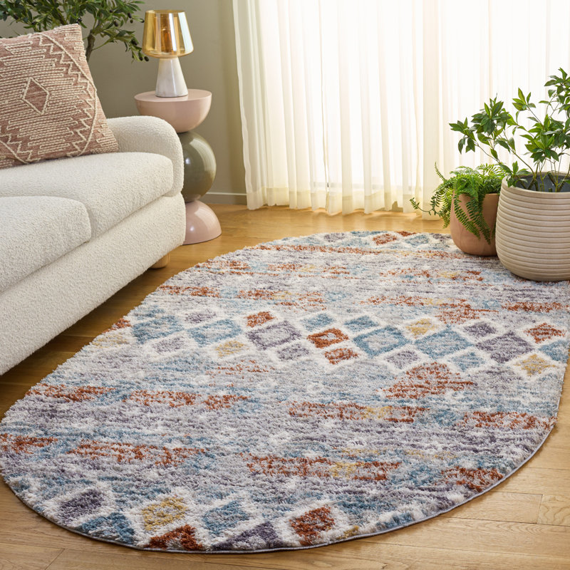 Evangelyn Geometric Blue Rust/Ivory Area Rug, Oval 5' x 8'