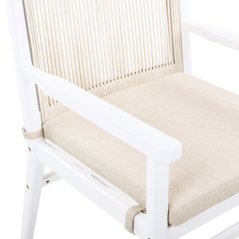 Chaise d'extérieur pour 2 personnes en bois avec dossier en corde, coussin imperméable, structure blanche, support de poids de 400 lb, fixation du coussin lavable à la machine, conception ergonomique confortable, s'adapte au balcon