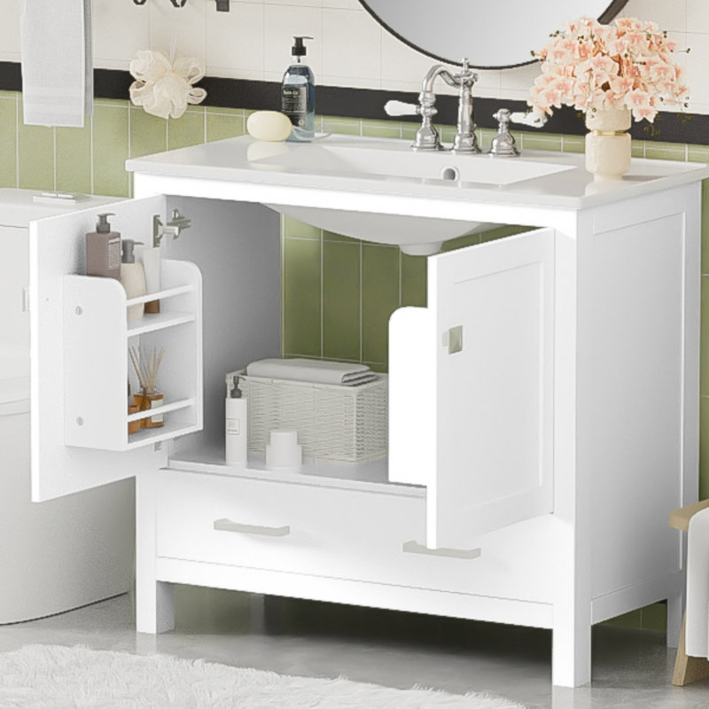 Meuble-lavabo blanc 36 po avec lavabo en céramique, portes à fermeture en douceur, tablettes doubles et tiroir divisé - Armoire de salle de bain moderne avec beaucoup de rangement, meuble-lavabo