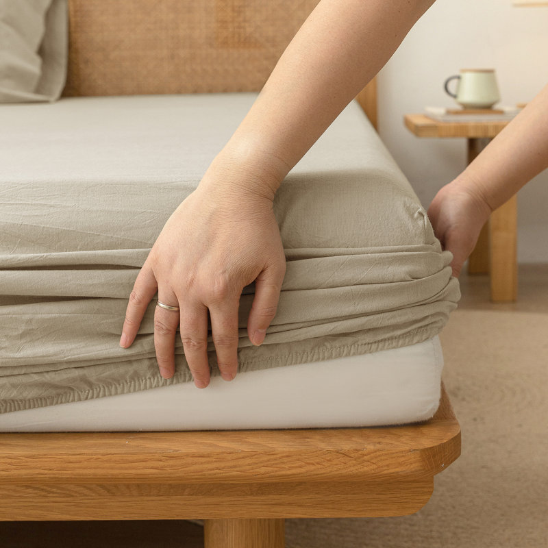 BESTOUCH Fitted Sheet 100% Washed Cotton Linen Feel Easily Fits Deep Pockets, Queen Fitted Sheet, Almond Milk Gray