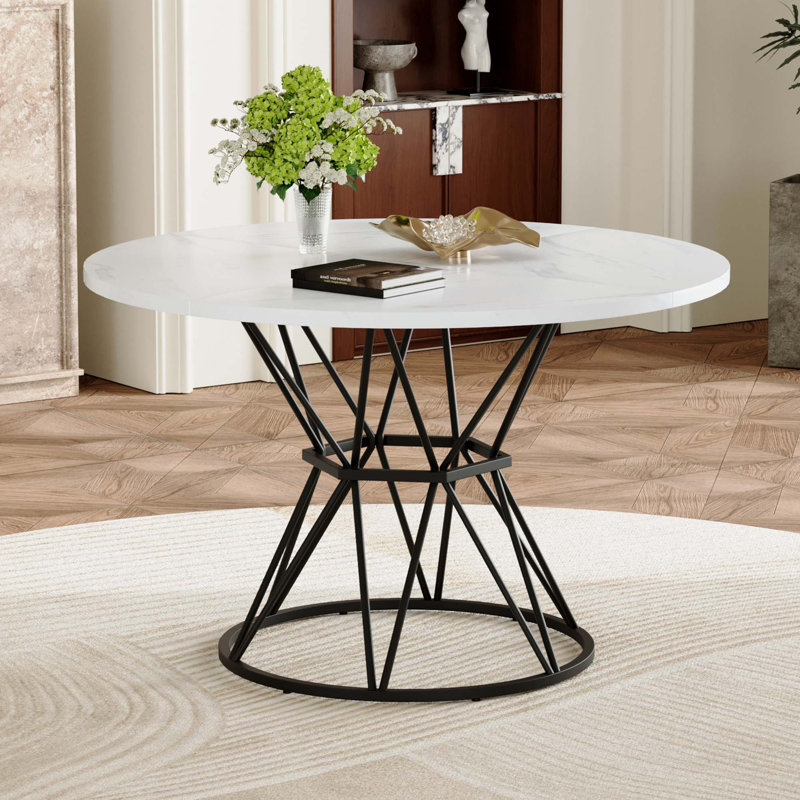 Table de salle à manger industrielle moderne avec plateau en marbre et base en sablier, Blanc