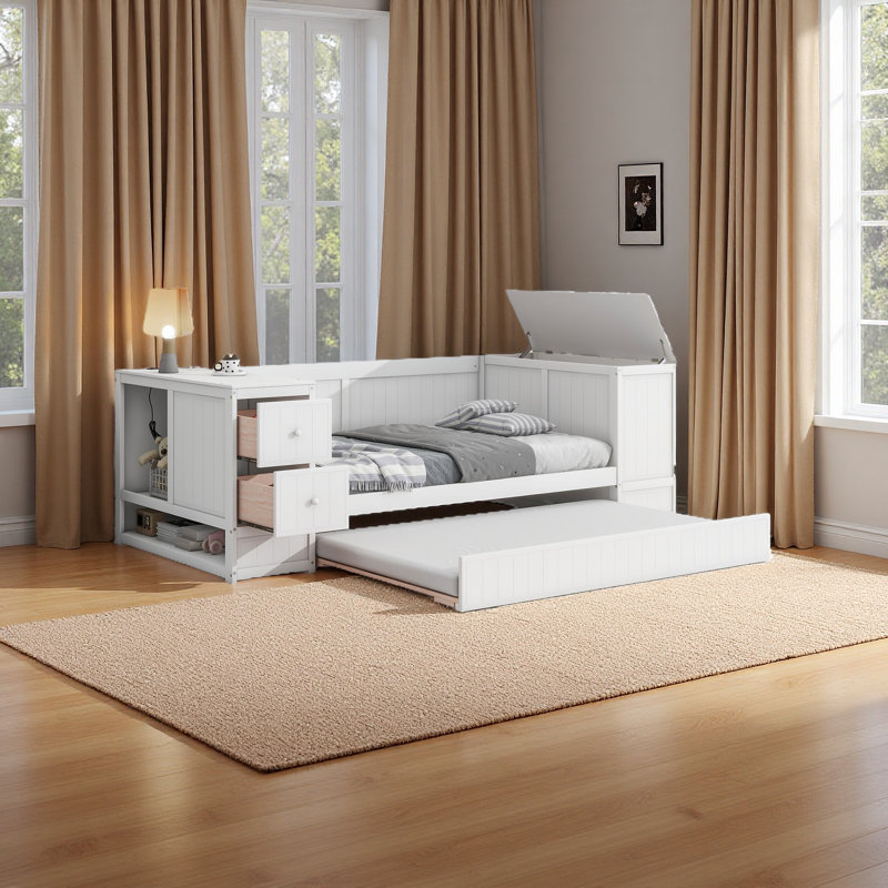 Twin Size Daybed With Storage Arms, White