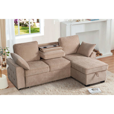 Ensemble multifonctionnel à 3 places avec plateau porte-gobelet amovible, méridienne de rangement et aménagement modulaire, sièges modulaires brun rembourrés en chenille douce, aménagement caché
