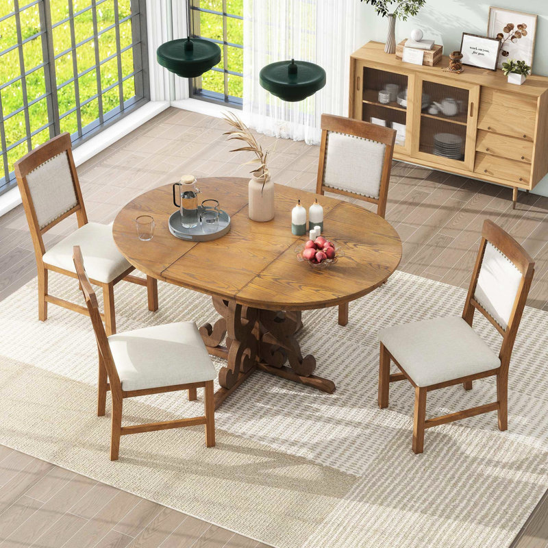 5 tables de salle à manger en noyer - table ovale extensible et 4 chaises rembourrées, Noyer, Noyer