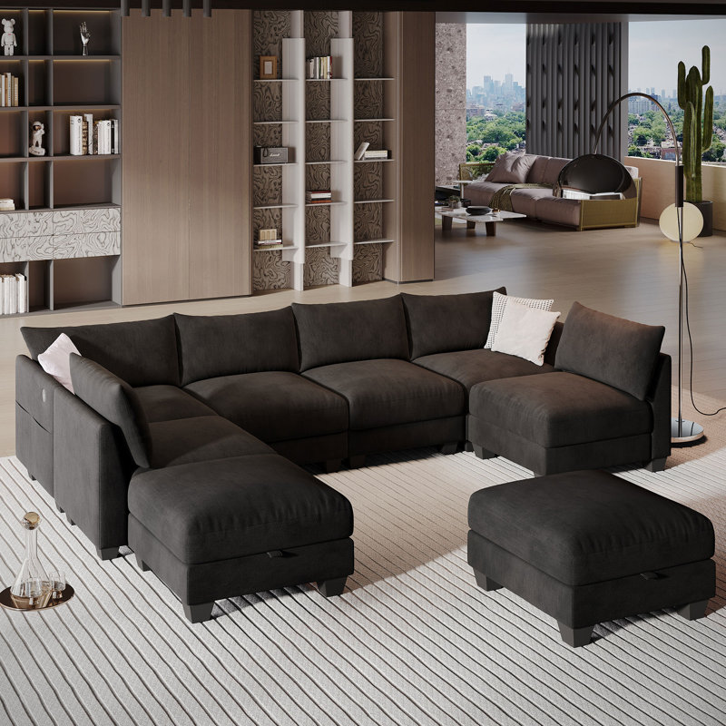 124 '' U-shaped Sectional Sofa, 8-Seater Modular Couch, Comfy Living Room Cushion Cloud Couch with Ottoman, Black Linen Blend
